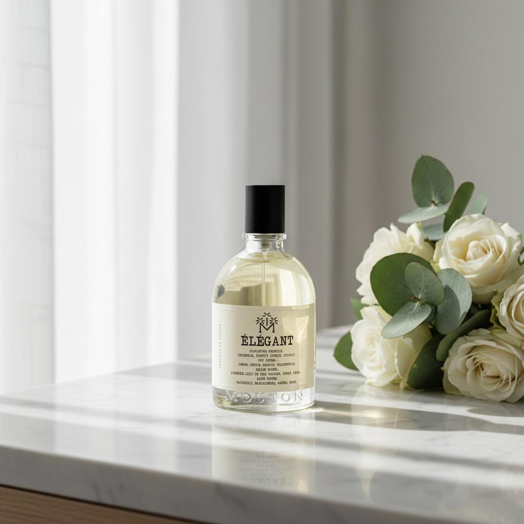 Perfume bottle styled with white roses on a marble counter