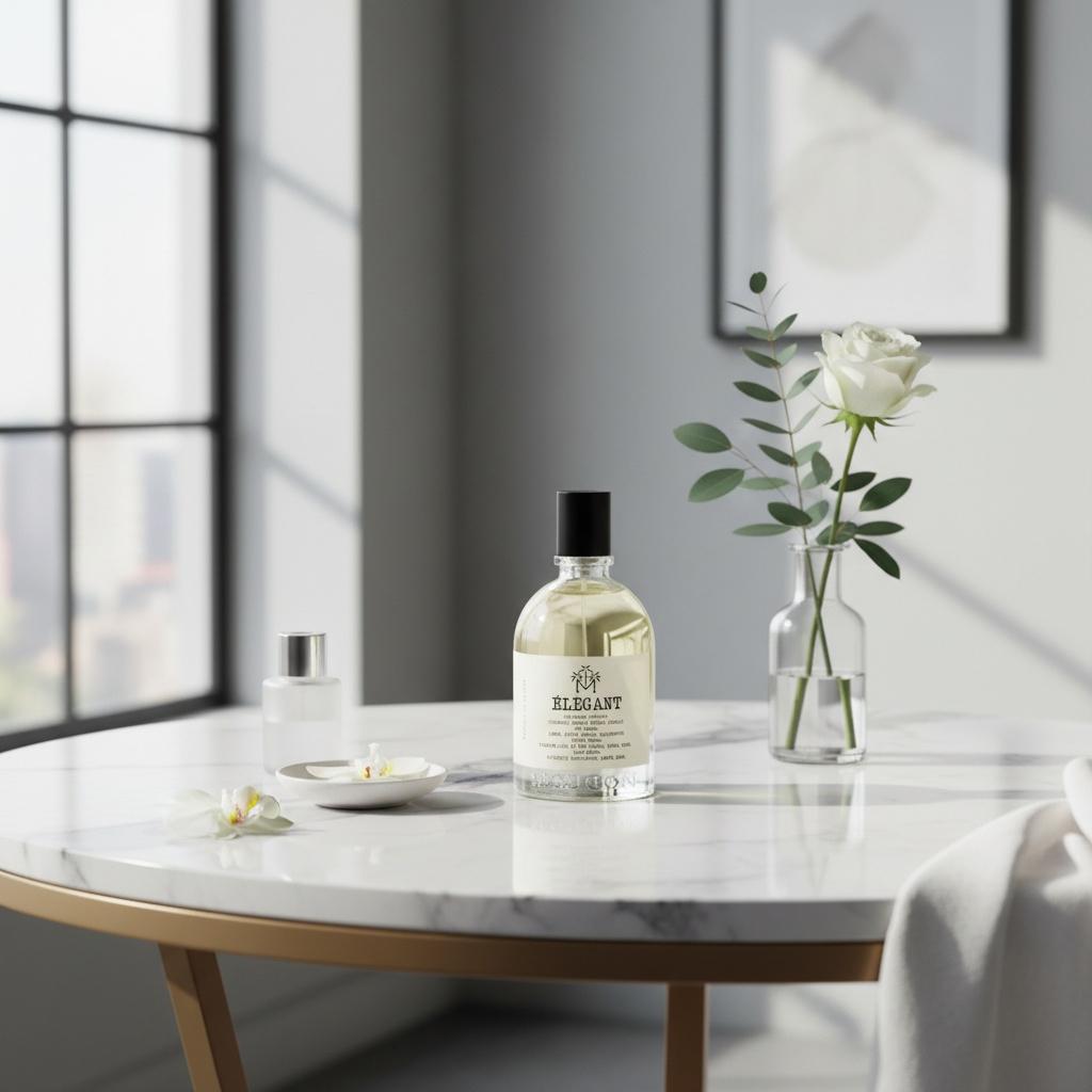 The perfume bottle on a marble table by a bright window