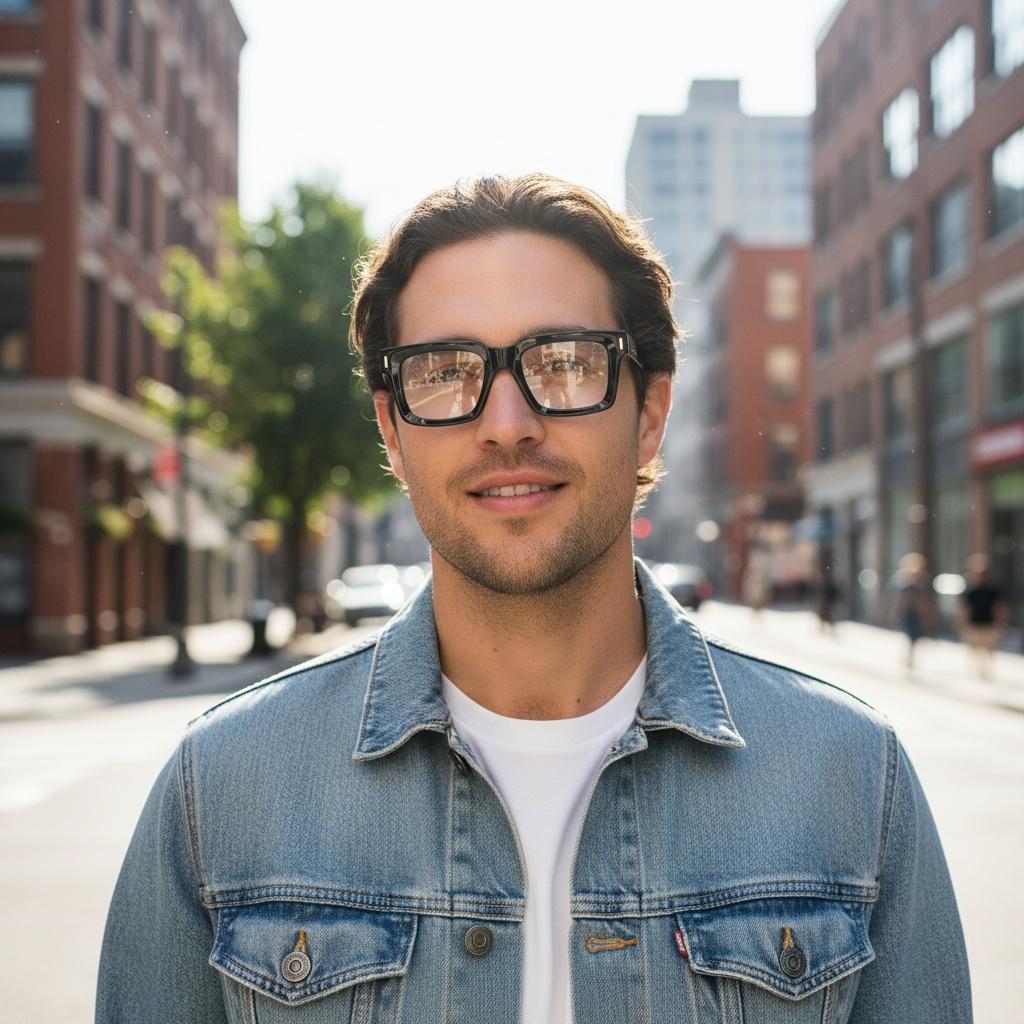 Man in a denim jacket wearing the black frames on a city street