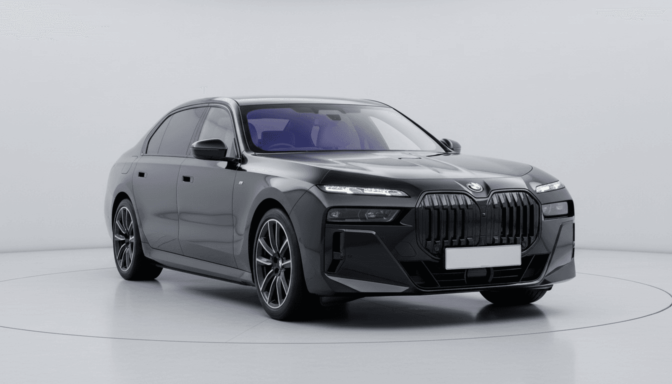 Dark saloon car on a white showroom turntable