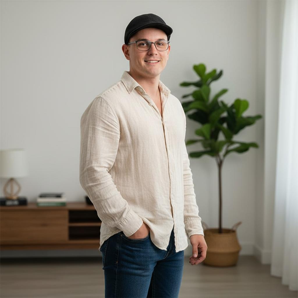 Man in a linen shirt standing in a bright living room
