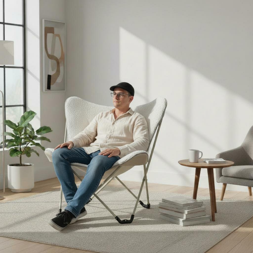 A man relaxing in the butterfly chair in the living room