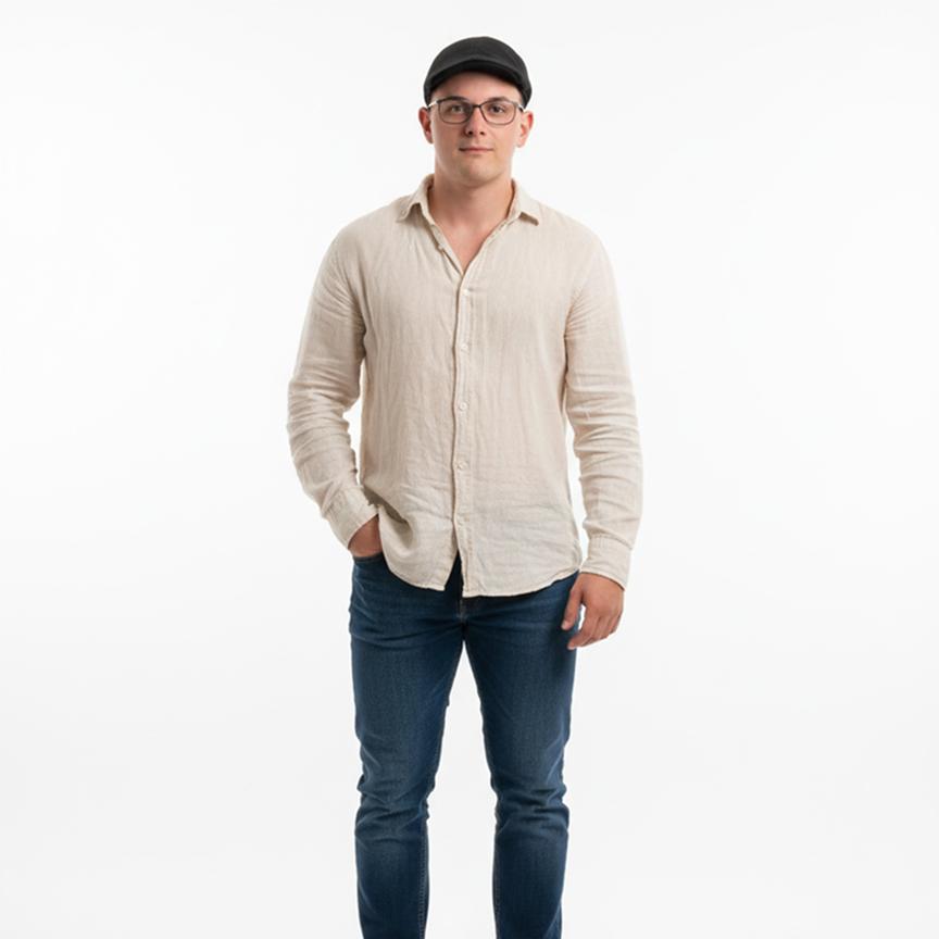 Full-length studio try-on of a man in a linen shirt and jeans